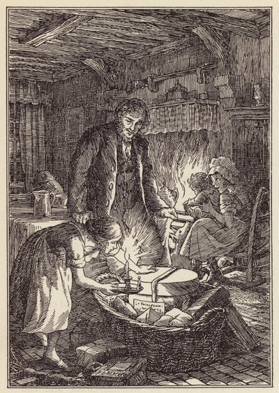 Illustratie voor De krekel op het haardvuur van Charles Dickens (kleurenlitho) door Francis Donkin Bedford