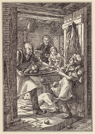 Illustratie voor De krekel op het haardvuur van Charles Dickens (kleurenlitho) door Francis Donkin Bedford