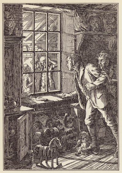 Illustratie voor De krekel op het haardvuur van Charles Dickens (kleurenlitho) door Francis Donkin Bedford