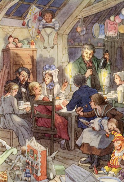Illustratie voor De krekel op het haardvuur van Charles Dickens (kleurenlitho) door Francis Donkin Bedford