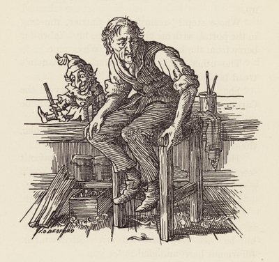Illustratie voor De krekel op het haardvuur van Charles Dickens (kleurenlitho) door Francis Donkin Bedford