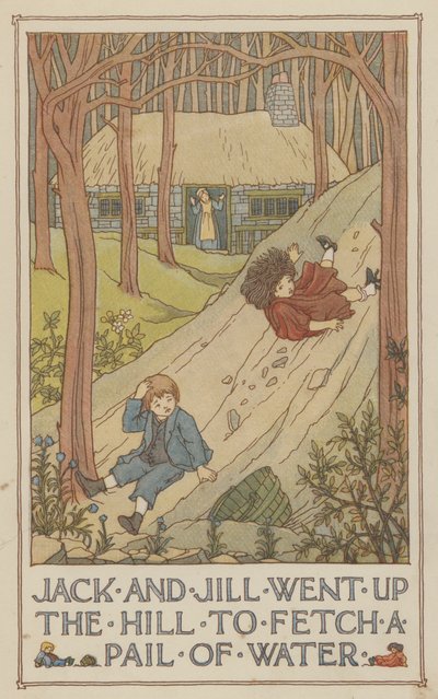 Jack en Jill gingen de heuvel op om een emmer water te halen (kleurenlitho) door Francis Donkin Bedford