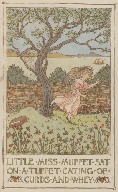 Little Miss Muffet zat op een tuffet te eten van wrongel en wei (kleurenlitho) door Francis Donkin Bedford