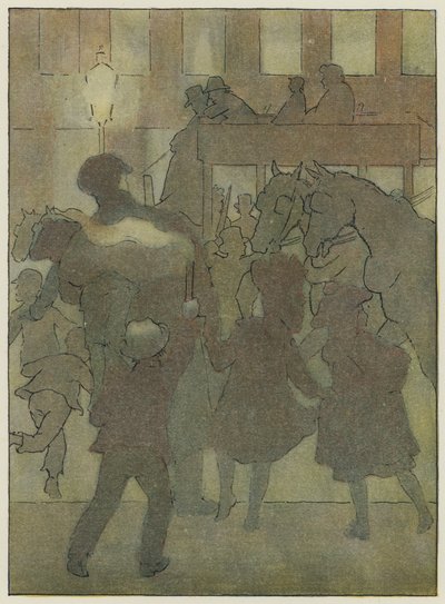 Londen: In een Londense mist (kleurenlitho) door Francis Donkin Bedford