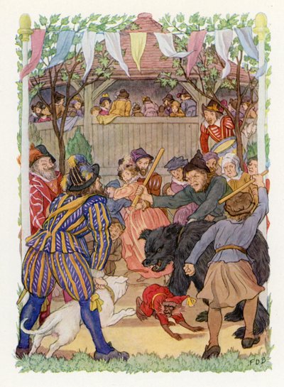 Vrolijk Engeland: De beer lokken (kleurenlitho) door Francis Donkin Bedford