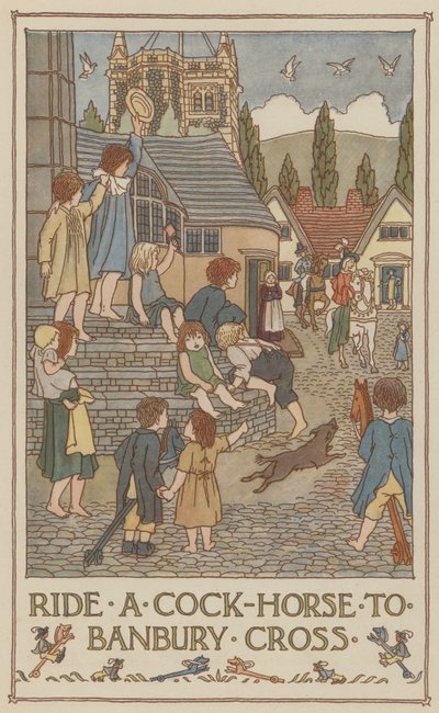 Rijd met een hanenpaard naar Banbury Cross (kleurenlitho) door Francis Donkin Bedford