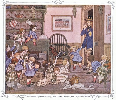 "Knippen, naaien, knippen en bedenken, Papa", uit The Magic Fishbone pub.by Warne  Co, c.1940 (kleurenlitho) door Francis Donkin Bedford