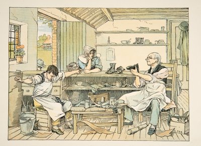 De schoenmaker, uit Vier en twintig zwoegers, pub. 1900 (kleurenlitho) door Francis Donkin Bedford