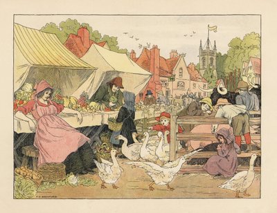 Victoriaanse kinderen kopen groenten, jagen op ganzen en porren varkens op een dorpsmarkt. Chromolithografie naar een illustratie van Francis Donkin Bedford uit The Book of Shops van Edward Verrall Lucas. door Francis Donkin Bedford