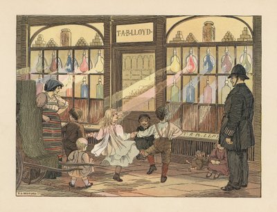 Victoriaanse kinderen dansen voor een apotheek terwijl een politieagent toekijkt. Chromolithografie naar een illustratie van Francis Donkin Bedford uit The Book of Shops van Edward Verrall Lucas. door Francis Donkin Bedford