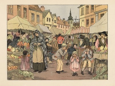 Victoriaanse kinderen eten penny sinaasappels van fruit- en groentekraampjes op een markt in East End in Londen. Chromolithografie naar een illustratie van Francis Donkin Bedford uit The Book of Shops van Edward Verrall Lucas. door Francis Donkin Bedford