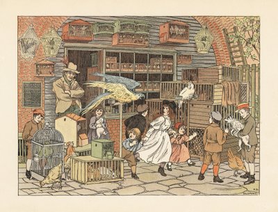 Victoriaanse kinderen spelen met papegaaien en kaketoes in de winkel van de vogelliefhebber of dierenwinkel. Chromolithografie naar een illustratie van Francis Donkin Bedford uit The Book of Shops van Edward Verrall Lucas. door Francis Donkin Bedford
