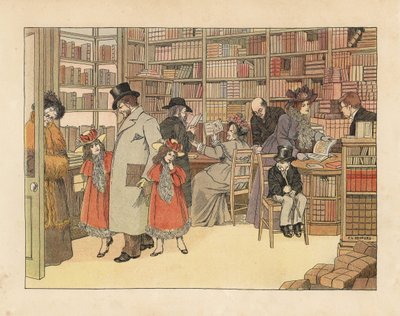 Victoriaanse klanten in een boekwinkel. Chromolithografie naar een illustratie van Francis Dorkin Bedford uit The Book of Shops van Edward Verrall Lucas, Grant Richards, Londen. door Francis Donkin Bedford