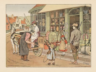 Victoriaanse familie bij Henry Hoop, de ijzerhandelaar in het dorp. Chromolithografie naar een illustratie van Francis Donkin Bedford uit The Book of Shops van Edward Verrall Lucas. door Francis Donkin Bedford
