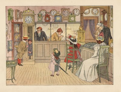 Victoriaanse familie bij de horlogemaker. Kinderen spelen in een staande klok, terwijl een bediende een horloge repareert. Chromolithografie naar een illustratie van Francis Donkin Bedford uit The Book of Shops van Edward Verrall Lucas. door Francis Donkin Bedford