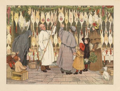 Victoriaanse familie kiest een kalkoen voor Kerstmis bij de poelier. Slager in kiel met haak verwijdert een vogel. Chromolithografie naar een illustratie van Francis Donkin Bedford uit The Book of Shops van Edward Verrall Lucas. door Francis Donkin Bedford