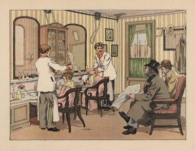 Victoriaanse heren die hun haar laten wassen en behandelen met een haarborstelmachine in een kapperszaak. Chromolithografie naar een illustratie van Francis Donkin Bedford uit The Book of Shops van Edward Verrall Lucas. door Francis Donkin Bedford