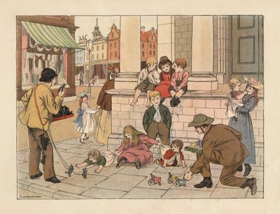 Victoriaanse stoeprandenverkopers verkopen penny-speelgoed aan kinderen in een Londense straat. Chromolithografie naar een illustratie van Francis Donkin Bedford uit The Book of Shops van Edward Verrall Lucas. door Francis Donkin Bedford