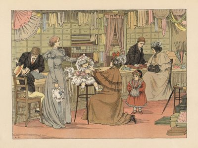 Victoriaanse moeders en kinderen passen hoeden bij de hoedenmaker. Chromolithografie naar een illustratie van Francis Donkin Bedford uit The Book of Shops van Edward Verrall Lucas. door Francis Donkin Bedford