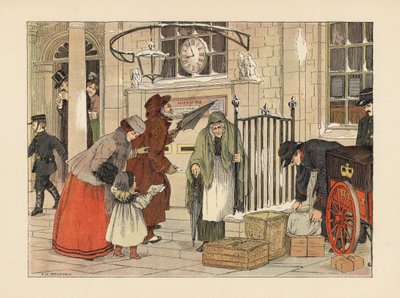 Victoriaanse mensen posten brieven in de buurt van eerste kerstdag op het postkantoor. Chromolithografie naar een illustratie van Francis Donkin Bedford uit The Book of Shops van Edward Verrall Lucas. door Francis Donkin Bedford