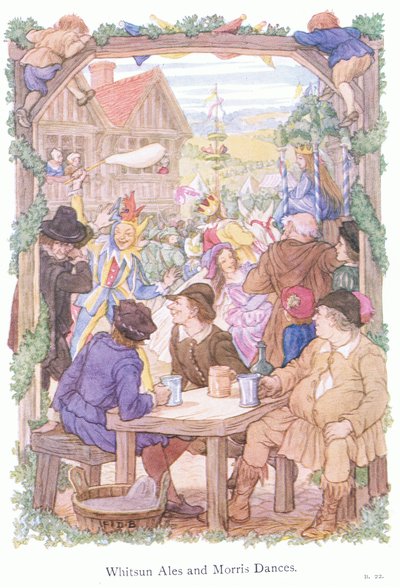 Pinksterbier en Morrisdansers (kleurenlitho) door Francis Donkin Bedford