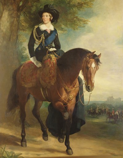 Portret van koningin Victoria te paard, met Windsor Castle, de hertog van Wellington en de Household Brigade op de achtergrond door Francis Grant