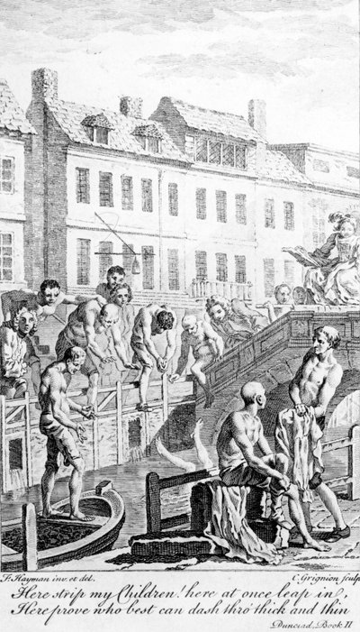Baden in de rivier Fleet, met een citaat uit Alexander Pope