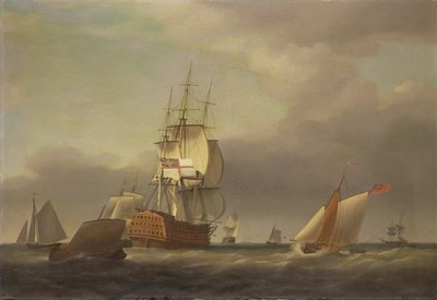 Een zeelandschap met oorlogsschepen en kleine vaartuigen door Francis Holman