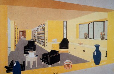 Perspectief Fumoir voor Amdassade Francoise, door Francis Jourdain (1876-1958), gepresenteerd op de Internationale Tentoonstelling van Decoratieve Kunsten in Parijs in 1925, Frankrijk, 20e eeuw door Francis Jourdain