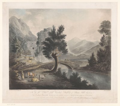 Gezicht op het meer Keswick met de Lodore-watervallen door Francis Jukes