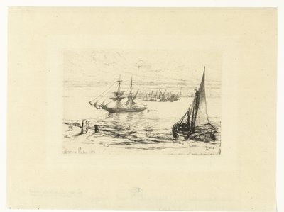 Een schip voor anker door Francis Seymour Haden (Sir) (signed by artist)