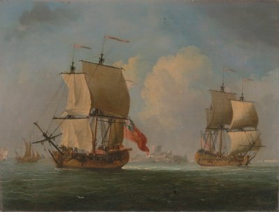 Een Engelse sloep en een fregat in een lichte bries door Francis Swaine