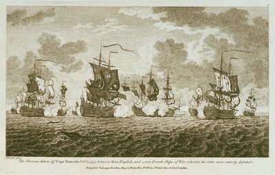 Twaalf Prenten van Zeegevechten. De Glorieuze Actie bij Kaap Francois 21 oktober 1757, tussen de Engelsen en zeven Franse oorlogsschepen waarbij de laatsten volledig werden verslagen. door Francis Swaine