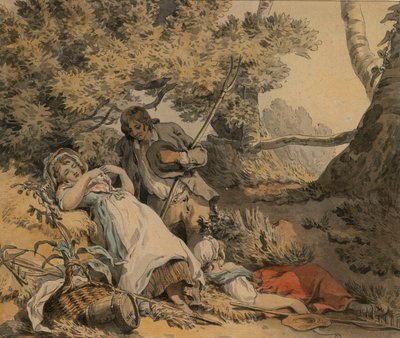 Een herder en twee herderinnen rusten in de schaduw door Francis Wheatley