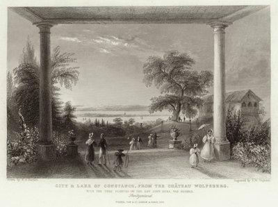 Stad en Meer van Constance, Zwitserland, vanaf het Kasteel Wolfsberg, met de boom geplant op de dag dat de Tsjechische theoloog en hervormer Jan Hus als ketter werd verbrand in 1415 door Francis William Topham