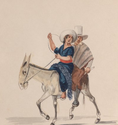 Een Indiase man en vrouw die op een ezel rijden, uit een groep tekeningen die Peruaanse... door Francisco