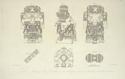 Azteekse idool van basaltporfier, gevonden onder het Grote Plein van Mexico-Stad, gegraveerd door Cloquet, illustratie uit 
