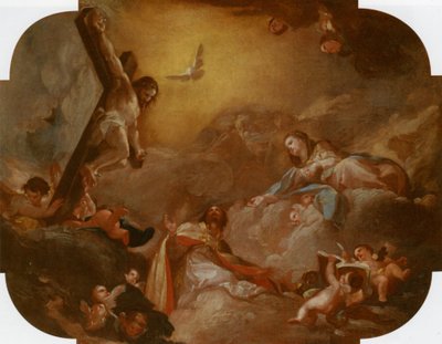 De heilige Augustinus en de Maagd die de gekruisigde Christus aanbidt door Francisco Bayeu y Subias