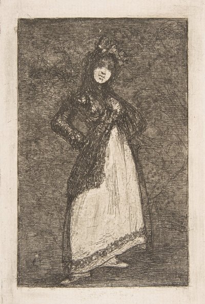 Een Maja tegen een donkere achtergrond door Francisco de Goya