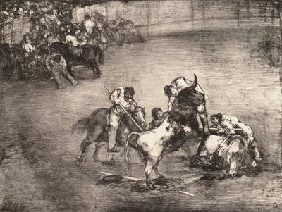 Een picador gevangen door een stier, uit de 