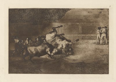 Paard Omvergeworpen door een Stier, Plaat B uit La tauromaquia (derde editie) door Francisco de Goya