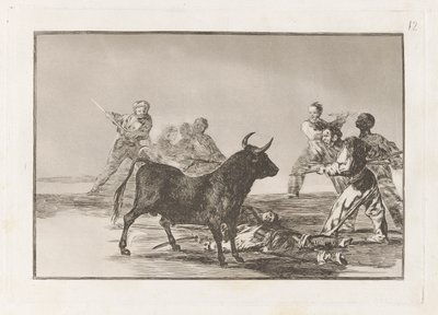 Desjarrete de la canalla con lanzas, medias-lunas, banderillas y otras armas, Plaat 12 uit La tauromaquia door Francisco de Goya
