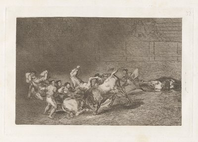 Twee teams van picadors geworpen de een na de ander door een enkele stier, Plaat 32 uit La tauromaquia door Francisco de Goya