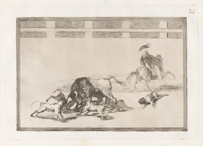 Echan perros al toro (Ze laten honden los op de stier), Plaat 25 uit La tauromaquia door Francisco de Goya