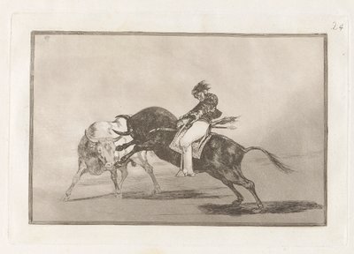 El mismo Ceballos montado sobre otro toro quiebra rejones en la plaza de Madrid (Dezelfde Ceballos op een andere stier breekt korte speren in de arena van Madrid), Plaat 24 uit La tauromaquia door Francisco de Goya