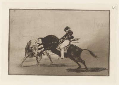 El mismo Ceballos montado sobre otro toro quiebra rejones en la plaza de Madrid (Dezelfde Ceballos op een andere stier breekt korte speren in de ring van Madrid), Plaat 24 uit La tauromaquia door Francisco de Goya