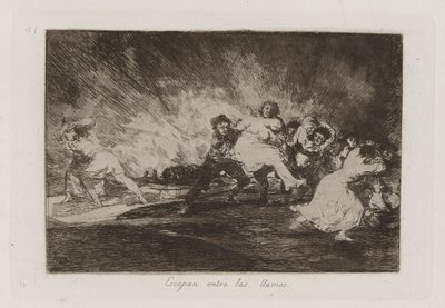 Ze ontsnappen door de vlammen, Plaat 41 uit Los desastres de la guerra (De Rampen van de Oorlog) door Francisco de Goya
