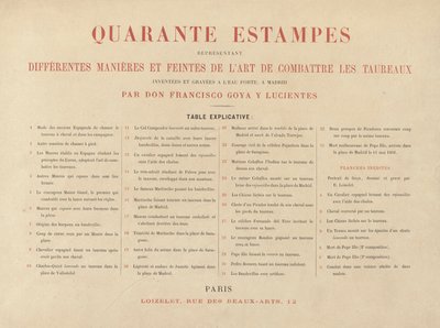 Verklarend blad, uit La tauromaquie (Derde Editie) door Francisco de Goya