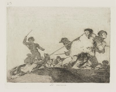 Lo merecia. (Hij verdiende het.), pl. 29 uit de serie Los desastres de la guerra (De rampen van de oorlog) door Francisco de Goya