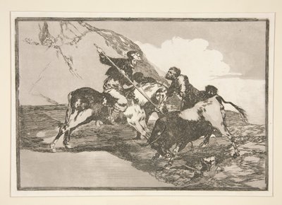 De manier waarop de oude Spanjaarden stieren te paard in het open veld jaagden, pl. 1 uit de serie La tauromaquia door Francisco de Goya